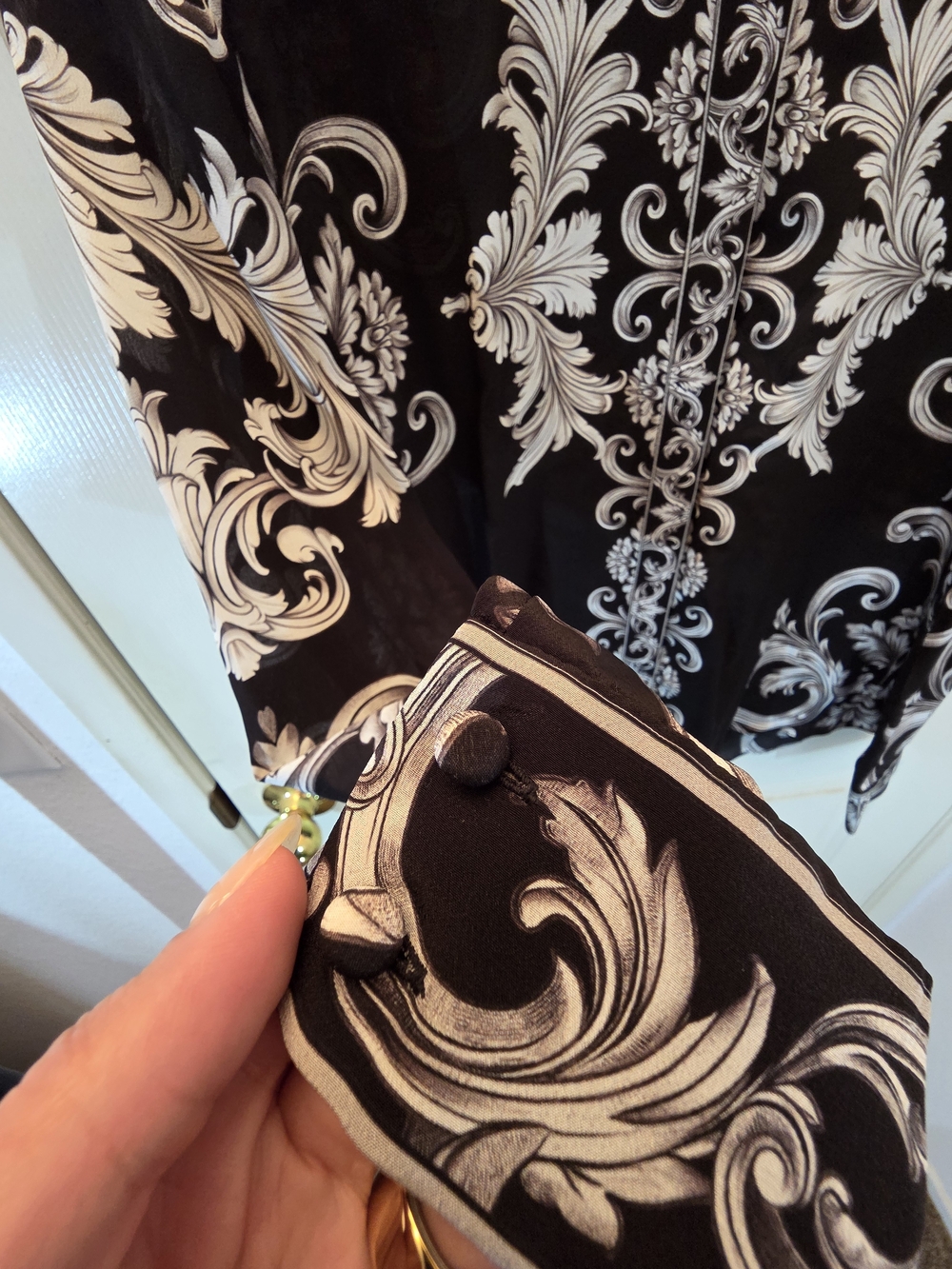 Alice + Olivia Black and Ivory Scroll-Print Button-Down Blouse - Picture 7 of 8